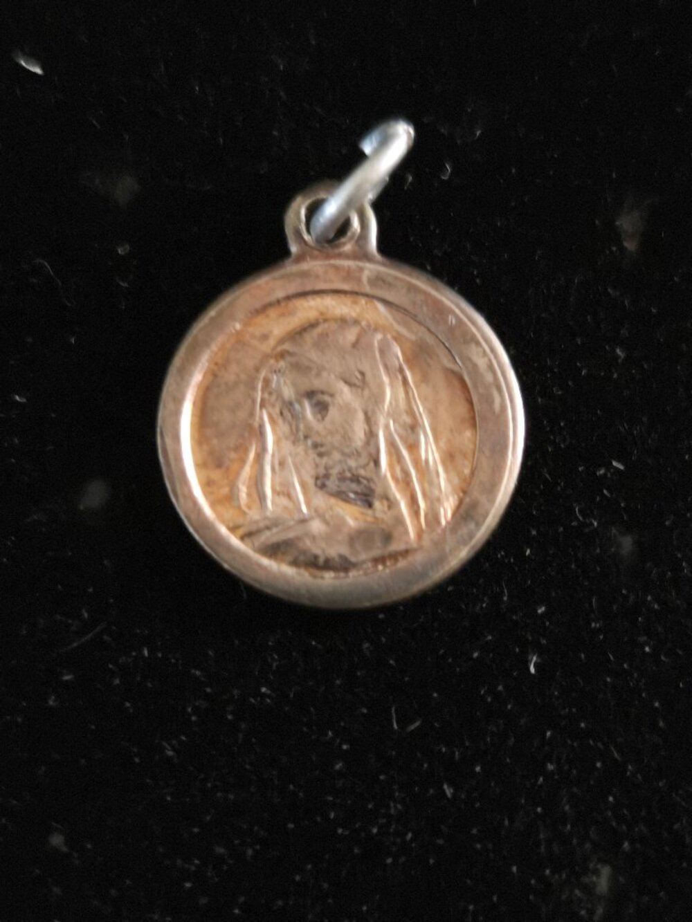 Vintage Silver Tone Virgin Maria Round Pendant 1/2''